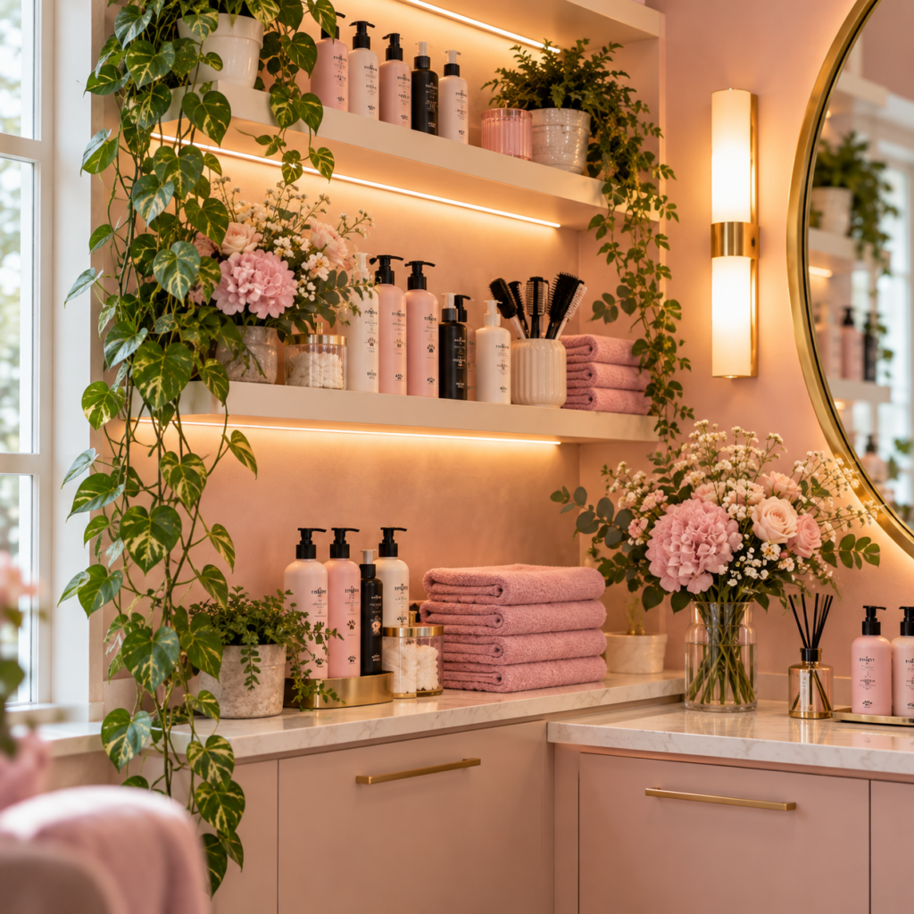 De salon met planken en bloemen