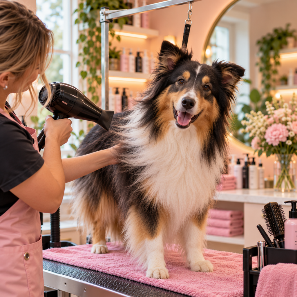 Een hond wordt gefohoned na het wassen