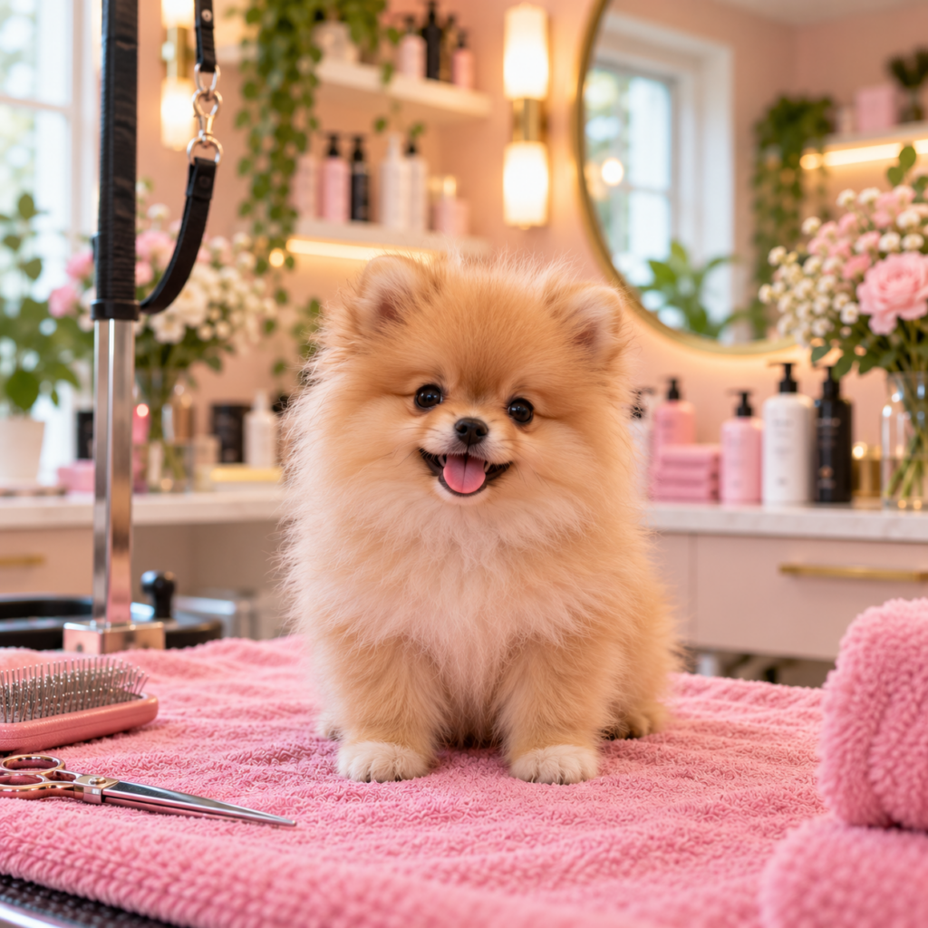Een puppy op een roze handdoek