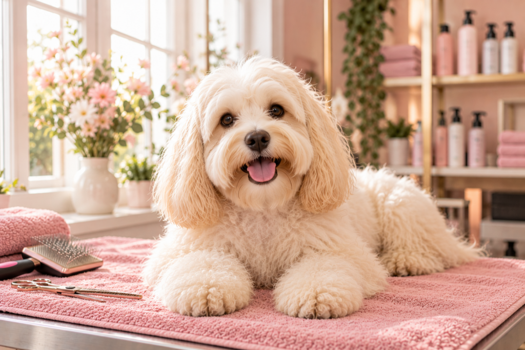 Een witte pluizige hond ligt op een roze handdoek voor een helder raam