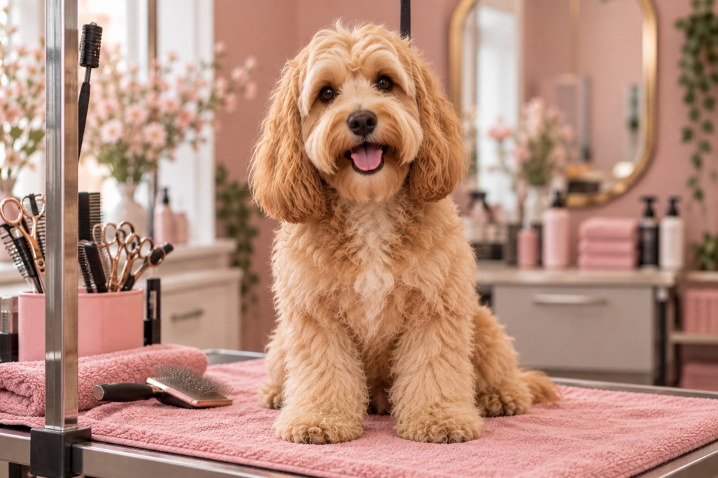 Een gouden hond zit op de trimtafel in de salon