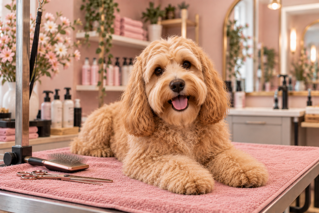 Een krullerige gouden hond ligt op de trimtafel in de salon