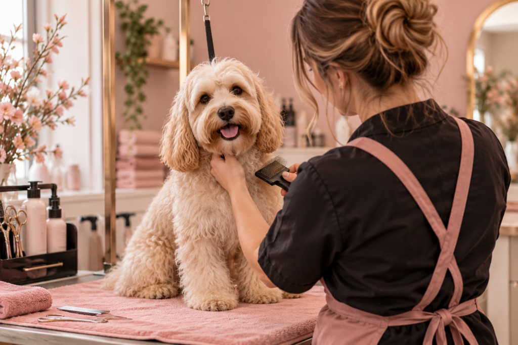 Lana verzorgt een krullerige hond in de trimsalon