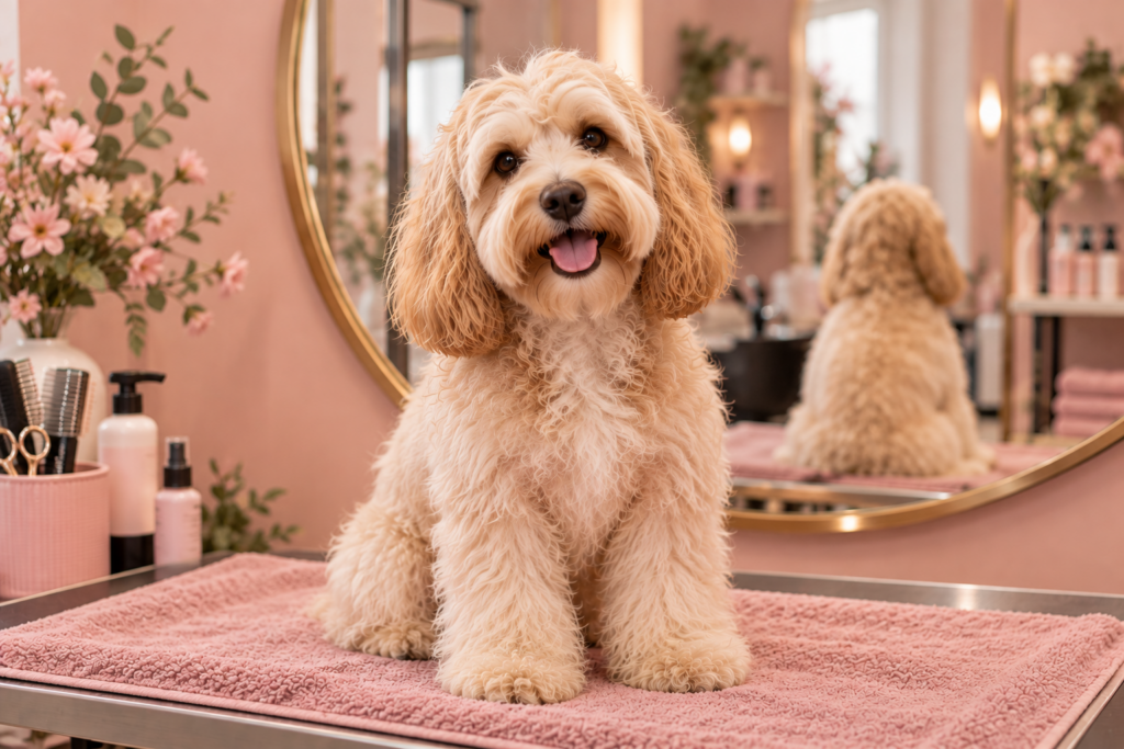Een pluizige crèmekleurige hond voor de ronde spiegel in de salon