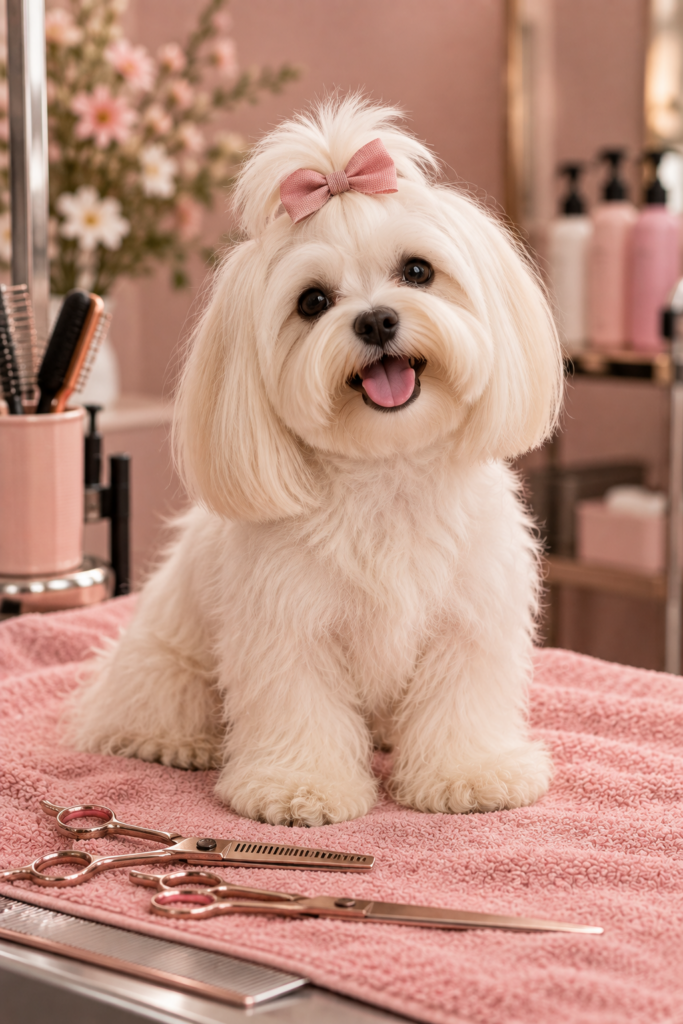 Een kleine witte hond met een roze strik naast een trimschaar